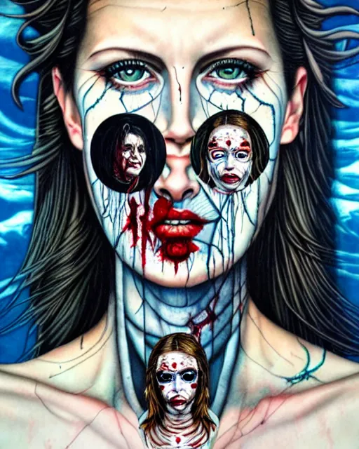 Image similar to a tarot card portrait horror and blood with sea and ocean intricate details by Sandra Chevrier