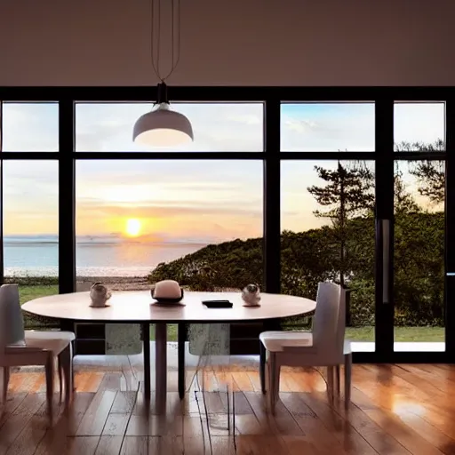 Prompt: a country house with sea view, with tall glass windows, with sunset, realistic photo, professional lighting