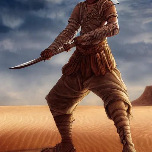 Image similar to a detailed illustration of a boy in the desert holding a sword, fantasy art illustration, incredibly highly detailed and realistic, 8 k, sharp focus