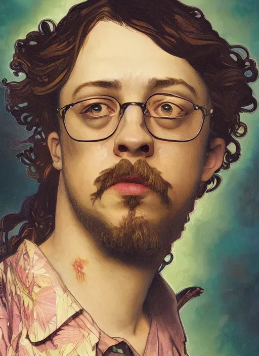 Image similar to Sam Hyde wearing luxuruous hawaiian vintage shirt, rule of thirds, accurately portrayed, portrait art by alphonse mucha and greg rutkowski, highly detailed, digital painting, concept art, illustration, ethereal lighting with twilight rays of sunlight, trending on artstation, very detailed, smooth, sharp focus, octane render, close up