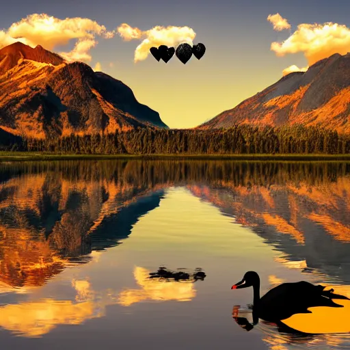 Image similar to photo of two black swans swimming in a beautiful reflective mountain lake, touching heads, forming a heart with their necks, a colorful hot air balloon is flying above the swans, hot air balloon, intricate, 8k highly professionally detailed, HDR, CGsociety