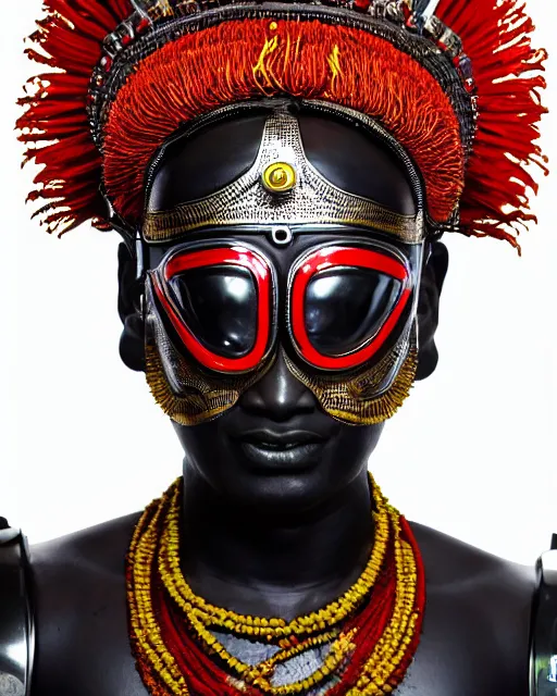 Image similar to photo of a Dramatic Theyyam male character with traditional headgear painted face wearing futuristic robocop LED goggles and futuristic robot armour with wide traditional ghaghra in the style of stefan kostic, full body, realistic, sharp focus, symmetric, 8k high definition, insanely detailed, intricate, elegant, art by stanley lau and artgerm, Hajime Sorayama, William-Adolphe Bouguereau