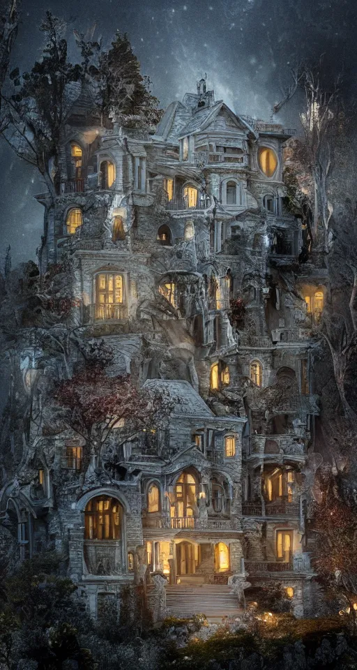 Image similar to A haunted Mansion on the mountain's edge at night during the Lunar Eclipse, evil, demonic, enchanting, angelic, flowers, nature, city, symmetry, environment concept, cinematic, Rendered in Octane, trending on artstation, cgsociety, moody lighting rendered by octane engine, environment 8K artstation, cinematic lighting, intricate details, 8k detail post processing, hyperealistic, octane render, photo realism, visually inspired by Stephen King