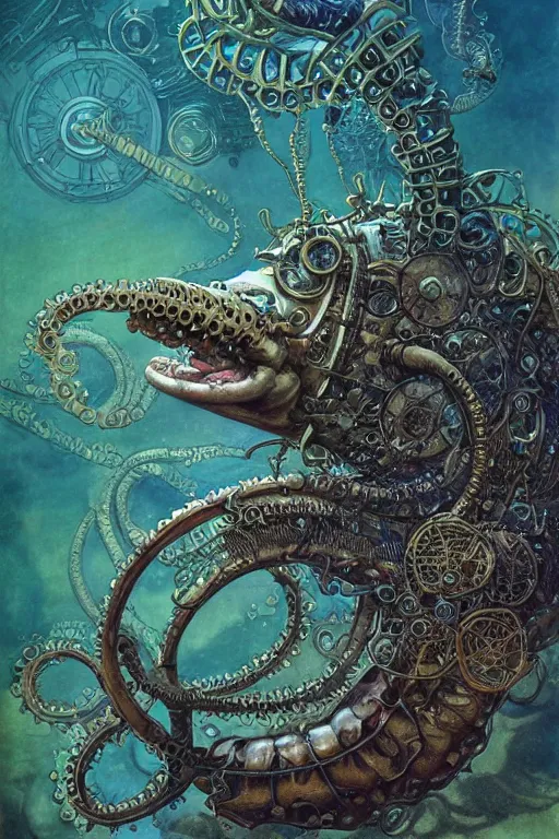 Image similar to steampunk axolotl tentacle fish, masterpiece, intricate, elegant, highly detailed, digital painting, smooth, sharp focus, illustration, art by james gurney, graeme base, brian froud, alan lee