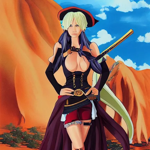 Prompt: Painting of a female anime pirate captain in the middle of a desert