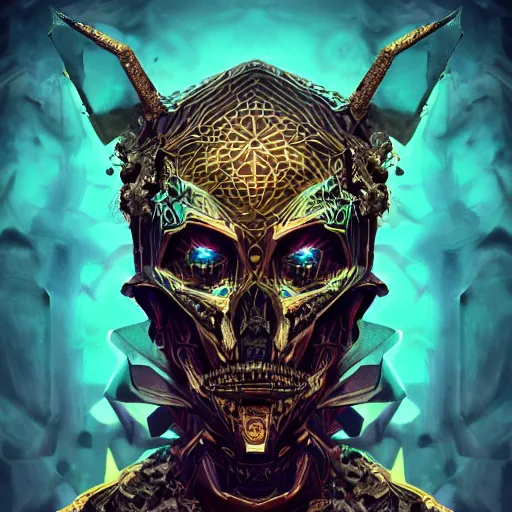 Image similar to menacing symmetrical face portrait cloaked grimm reaper neon axonometric mechanical fantasy intricate elegant highly detailed in volumetric void of latent space lush flowers intricate jewellery, realm of the gods golden turquoise steampunk, axonometric high contrast cinematic light, mystical shadows, digital painting, sharp focus, octane render, photographic, concept art, artist leonardo davinci, unreal engine 8 k