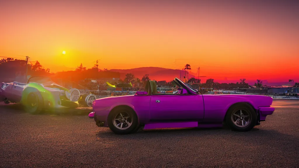 Prompt: neon synthwave datsun fairly roadster, at sunset, 8 k. filling most of the view