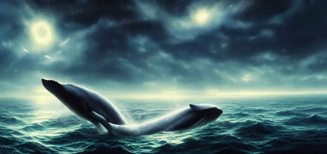 Prompt: a wide angle shot of a lonely whale flying, sea underneath, cosmic starry sky, concept art, trending on artstation, by andreas achenbach, artgerm, mikko lagerstedt, zack snyder, tokujin yoshioka