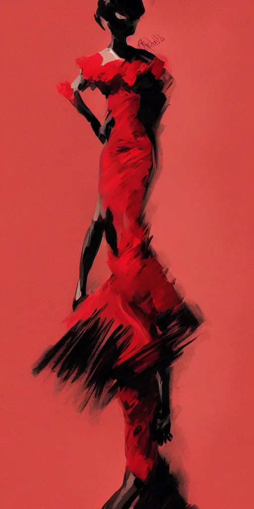 Image similar to sensual crimson and absolute black concept art of a woman in a dress dancing, black background, patrick westwood style, red series, benjamin conalin style, artstation trending, high detail, soft light, black background