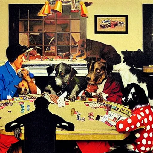 Prompt: pop art painting of dogs playing poker by Norman Rockwell