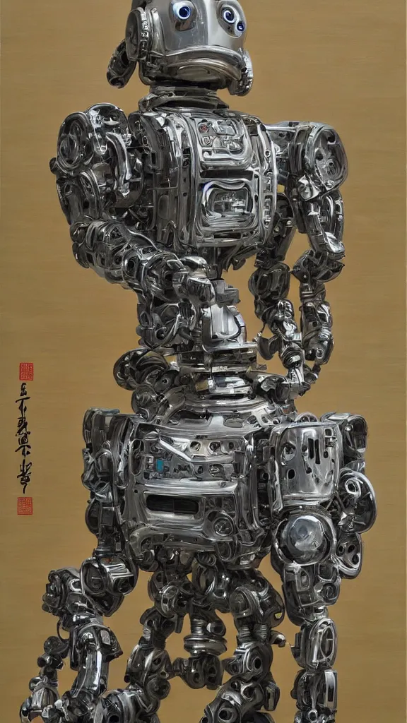 Image similar to robot painting a robot on canvas, intricate, highly detailed, photorealistic, film still, by huang guangjian.