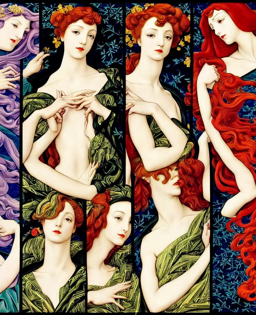 Image similar to the Four Seasons, represented by the 4 Symbolic Muses, in a mixed style of Æon Flux, Shepard Fairey, Botticelli, and John Singer Sargent, inspired by pre-raphaelite paintings, shoujo manga, and cool Japanese street fashion, gradients, iridescence, chromatic aberration, jungian symbols, hyper detailed, super fine inking lines, dramatic color, 4K extremely photorealistic, Arnold render