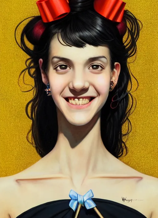 Image similar to fully body portrait of high school girl, realistic, black hair, bangs, half updo hairstyle, pointy nose, skinny, smile, ugly, defined jawline, big chin, hair bow, earrings, intricate, elegant, glowing lights, highly detailed, digital painting, artstation, sharp focus, illustration, art by wlop, mars ravelo and greg rutkowski