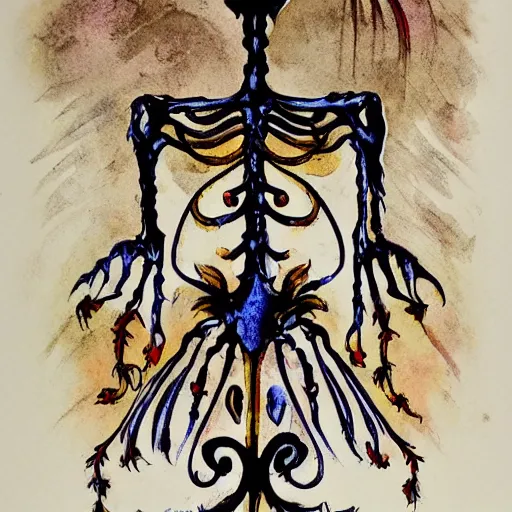 Image similar to Picture of an ornate and extravagant glowing skeleton. Lithograph with watercolor hand colored, gilded trim.