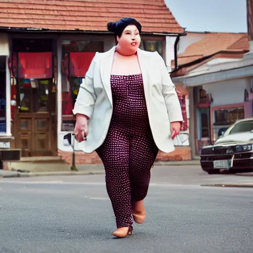 Prompt: a giant beautiful chubby well - dressed woman walking around a small town, photo, realistic