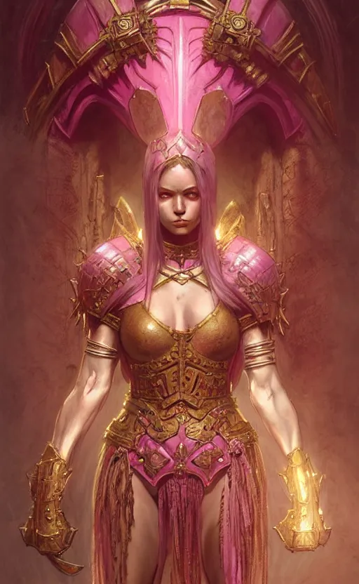 Image similar to Gothic muscular warrior queen in pink and gold mythical heavy armor of thick steel plates, fantasy, highly detailed, digital painting, artstation, concept art, smooth, sharp focus, illustration, art by artgerm and greg rutkowski and alphonse mucha