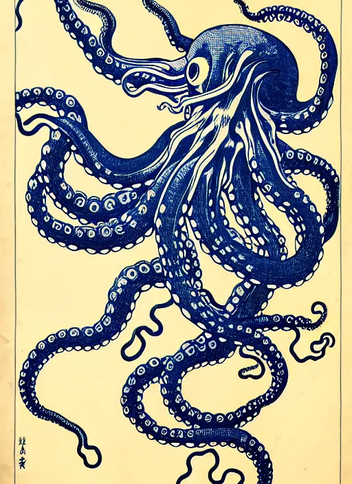 Prompt: octopus's brain connected with wires and cords to Medusa, very coherent symmetrical artwork by Hokusai, 8k, full body character drawing, clean ink detailed line drawing, intricate detail, extremely detailed.