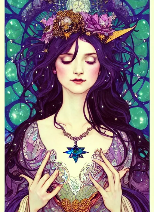 Prompt: fantastic portrait of a beautiftul witch with some shinny star, cloak, royally decorated crystal gemstones, symmetrical face, art nouveau, portrait, cute, fairy, by mai yoneyama, kelly mckernan, greg rutkowski, alphonse mucha, detailed background, artstation, intricate, elegant, highly detailed, colorful, maximalist