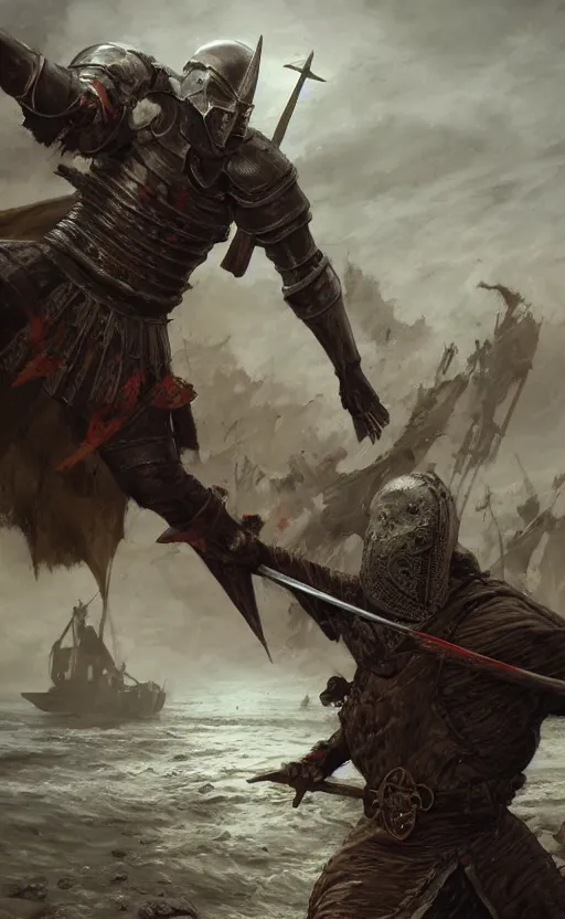 Image similar to medieval knight cutting through a pirate body on a bloody shore, front game card, drark, marvel comics, dark, intricate, highly detailed, smooth, artstation, digital illustration by ruan jia and mandy jurgens and artgerm and wayne barlowe and greg rutkowski and zdislav beksinski