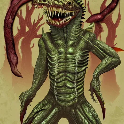 Image similar to big butcher anthro lizardfolk posing scarily, scary angry pose, covered in blood, fresh kill, cleaver, in a forest, earie setting, lovecraft, eldritch, horror, hyperdetailed