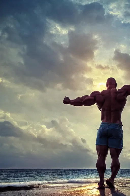 Prompt: a very muscular and defined man wearing ripped pants and shirt looking to the sea at sunset, godrays, complementary colors, natural lighting, portait image, path tracing, serene landscape, high quality, highly detailed, 8K, soft colors, warm colors, turbulent sea, high coherence, anatomically correct, hyperrealistic, concept art, defined face, five fingers, looking to the camera