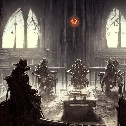 Image similar to a group of hunter from bloodborne sitting next to each other in a room, retrofuturism, concept art by yoshiyuki tomino, behance contest winner, toonami, redshift, official art