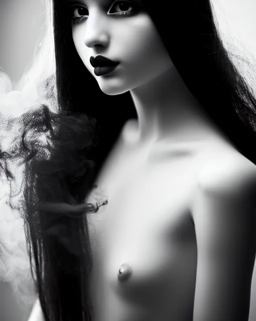 Prompt: black and white dreamy smoky young beautiful female artificial intelligence, long hair are made of smoke, cinematic, rim light, bokeh, photo - realistic, elegant, high detail, 8 k, masterpiece, photo taken in 1 9 3 0