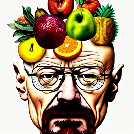 Image similar to walter white in the style of giuseppe arcimboldo, fruits