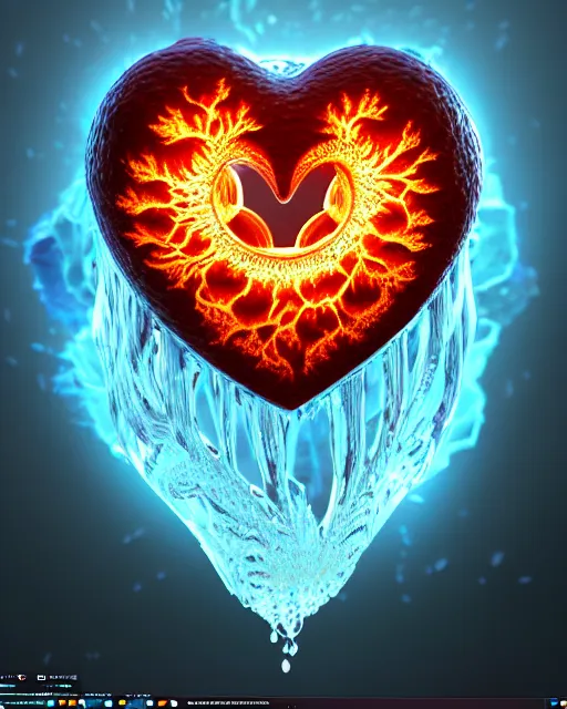 Image similar to 3 d render of beautiful ornate carved water heart, sigma 5 0 0 mm f / 5. beautiful intricate highly detailed heart, plasma, lava, ice, water, wind, creature, thunderstorm! artwork by tooth wu and wlop and beeple and greg rutkowski, 8 k trending on artstation