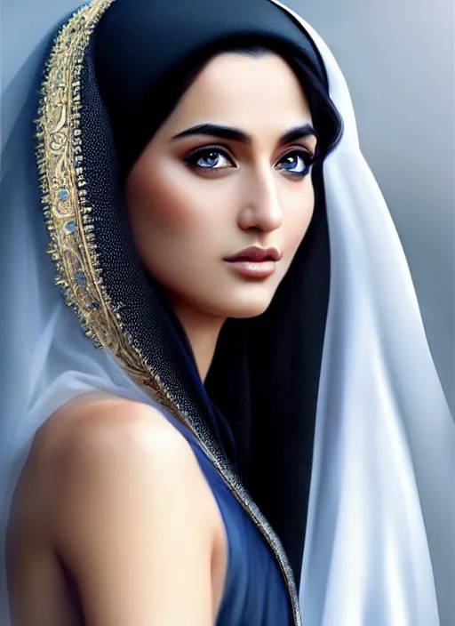 Prompt: arab ameera al taweel, blue eyes, long wavy black hair, white veil, in the style of stefan kostic, realistic, sharp focus, 8k high definition, insanely detailed, intricate, elegant, art by stanley lau and artgerm