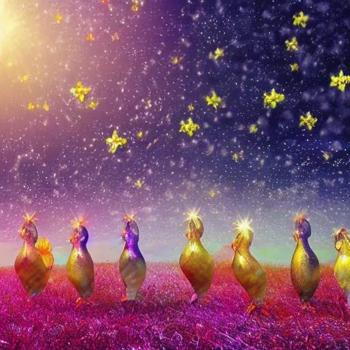 Prompt: magical sparkling chickens frolicking in a field, photorealistic, hyperrealistic, 8 k