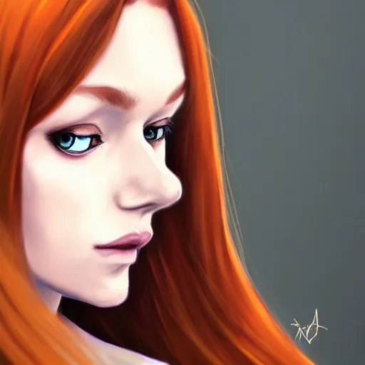 Image similar to woman with long ginger hair and purple eyes in semi realism style, trending on artstation