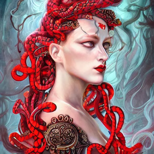 Image similar to realistic mythological greek medusa with red snakes on the head full body, by anna dittmann