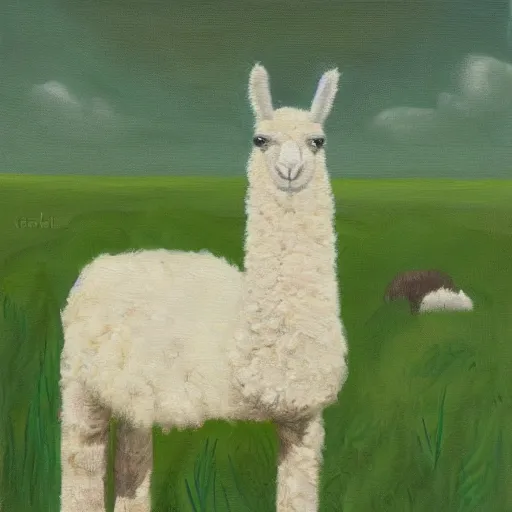 Prompt: llama in a grassy field on a sunny day oil on canvas