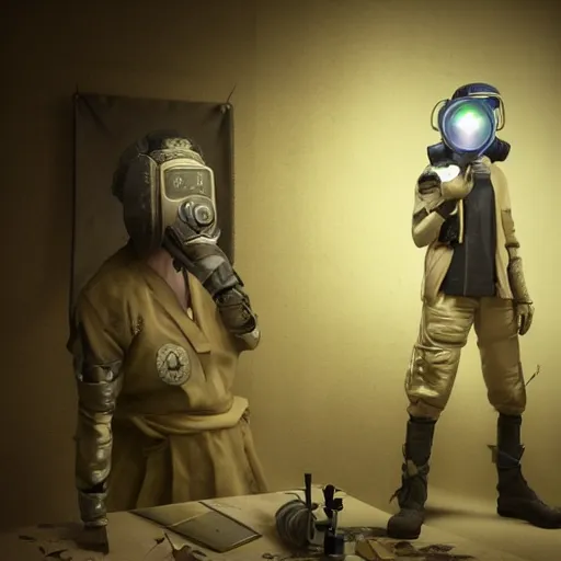 Image similar to korean solarpunk curator in an art gallery with extremely detailed respirators and head gear, inspired by die antwoord beautiful, hand painted textures, cloth physics, deviantart, karol bak, masamune shirow, black and white, photorealistic, concept art, perfect render, 3 d render, pixar, 8 k