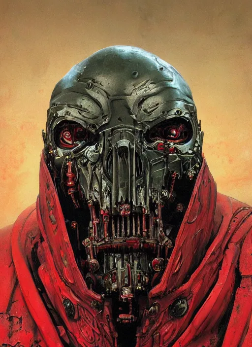 Image similar to portrait of rotten zombie head adeptus mechanicus in red hood and robe from Warhammer 40000. Highly detailed, artstation, illustration by and John Blanche and zdislav beksinski and wayne barlowe