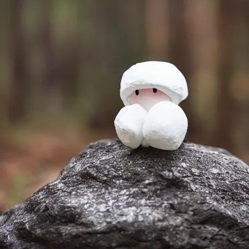 Image similar to Realistic Cute Marshmallow in the forest sitting on a rock crying sad, raining, movie shot, studio shot, studio lighting, 8k