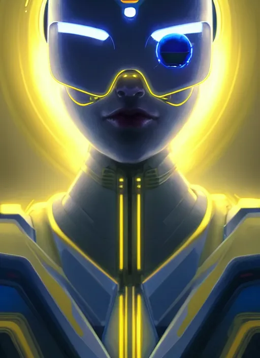 Image similar to symmetry!! portrait of a robot with big eyes, sci - fi, tech wear, blue and yellow glowing lights!! intricate, elegant, highly detailed, digital painting, artstation, concept art, smooth, sharp focus, illustration, art by artgerm and greg rutkowski and alphonse mucha