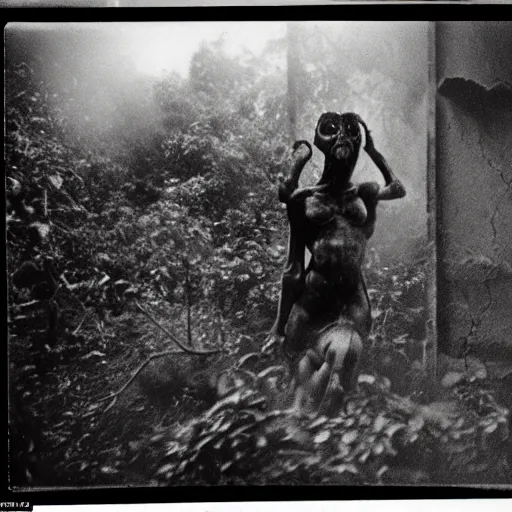 Image similar to an ancient demon-girl devouring the souls of the human kind on an abandoned house, Colombian jungle, mist, 1910 polaroid photography, grainy film, resident evil, Black and white