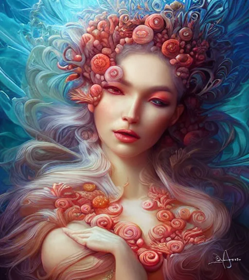 Prompt: goddess of the sea, brilliant coral reef, digital art, portrait by artgerm and karol bak