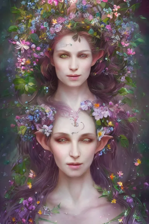 Image similar to a portrait of a beautiful elvish goddess with flowers in her hairs , hd, 4k, 8k, highly detailed, sharp, ethereal, astral environment in style of Anna Dittmann and Mark Arial and Artgerm