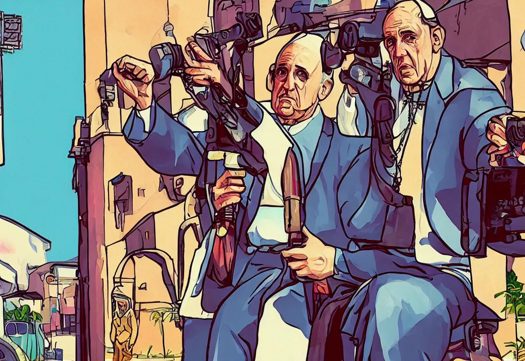 Prompt: pope francis in grand theft auto loading screen, gta art style, illustration, beach, miami, vice city