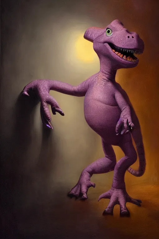 Prompt: barney the dinosaur in a dim purple lit room, melancholy, smoky, oil on canvas, intricate, portrait, 8 k highly professionally detailed, hdr, cgsociety