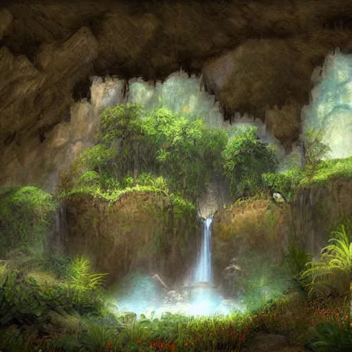 Image similar to ancient ruins,plants and waterfalls in the interior of a cave,digital art