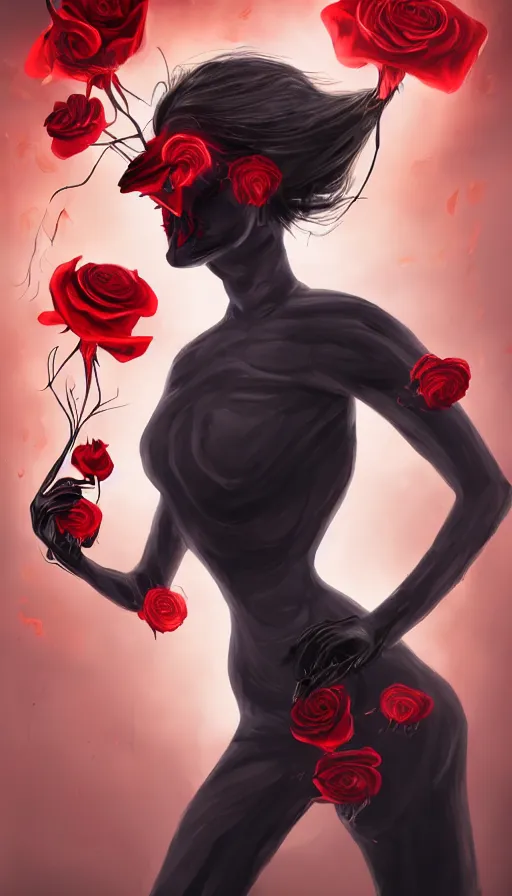 Image similar to Woman made of black flames, wearing a strict business suit, with no face, with glowing red eyes, with a red halo over her head, with red halo glowing out of her wrists, looking off to the side, growing out of a giant rose, rose petals flying in the wind, fantasy, tragic, tense, digital painting, artstation, indieground, concept art, sharp focus, by Annie Swynnerton and Nicholas Roerich, madness combat, strong dramatic cinematic lighting , blood red sky, grey skin, smooth, sharp focus, extremely detailed, illustration, Godmachine, alphonse mucha''