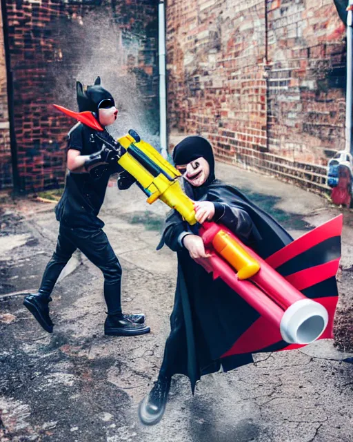 Image similar to happy batman firing super soaker water gun at playful criminals in an alleyway, everyone having fun, product advertisement, photogenic photograph