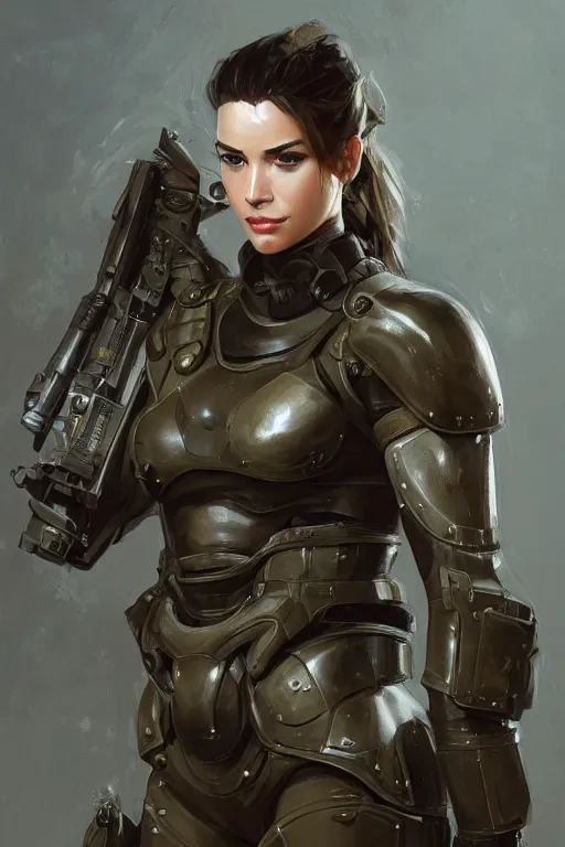 Image similar to a professionally painted portrait of an attractive young woman, clothed in military armor, olive skin, long dark hair, beautiful bone structure, symmetrical facial features, intricate, elegant, digital painting, trending on Artstation, concept art, smooth, sharp focus, illustration, from Metal Gear by Ruan Jia and Mandy Jurgens and Artgerm and William-Adolphe Bouguerea, award winning