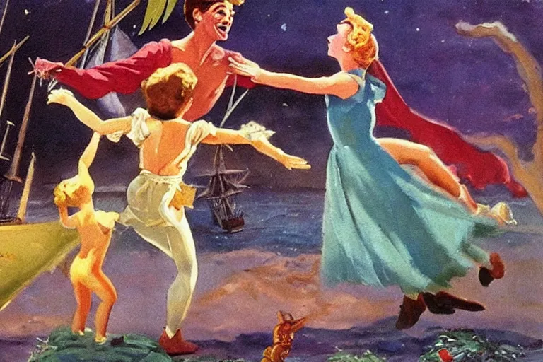 Prompt: a rodney greenblat painting of a scene from in the peter pan ( 1 9 5 3 )