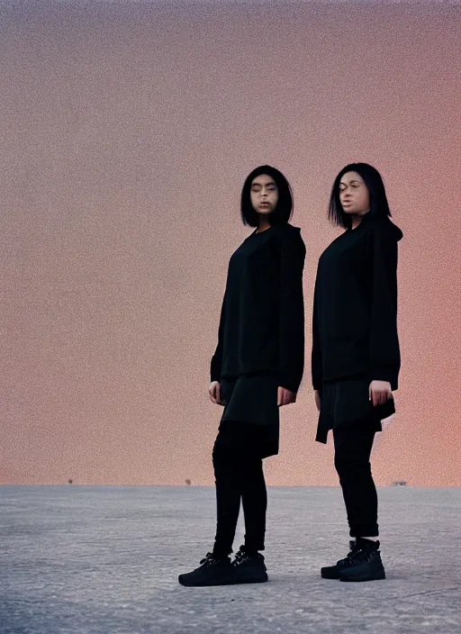 Image similar to cinestill 5 0 d photograph of 2 women wearing black techwear in front of a brutalist sharp - edged metal building, on a desolate plain, red eerie sky, sigma 8 5 mm f / 1. 4, 4 k, depth of field, high resolution, highly detailed, 4 k, 8 k, hd, full color, raw, unedited
