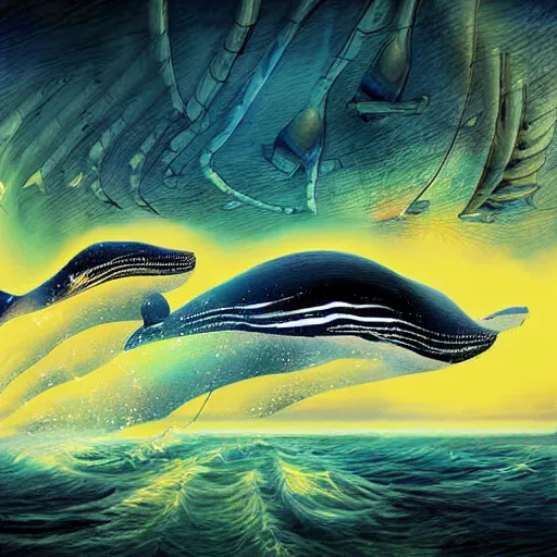 Image similar to a society of whale aliens under the ocean, sci-fi digital art,